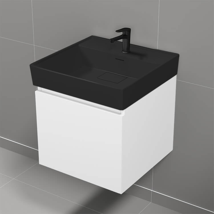 Nameeks SHARP14 Small Bathroom Vanity With Black Sink, Wall Mounted, Modern, 18 Inch, Glossy White