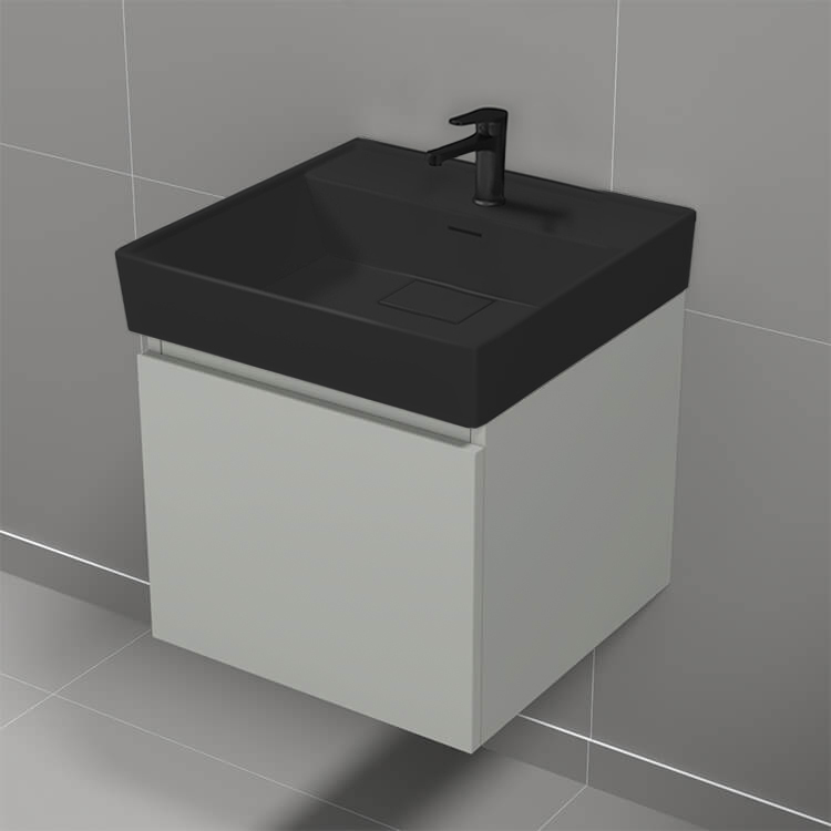 Nameeks SHARP16 Small Bathroom Vanity With Black Sink, Modern, Wall Mount, 19 Inch, Grey Mist