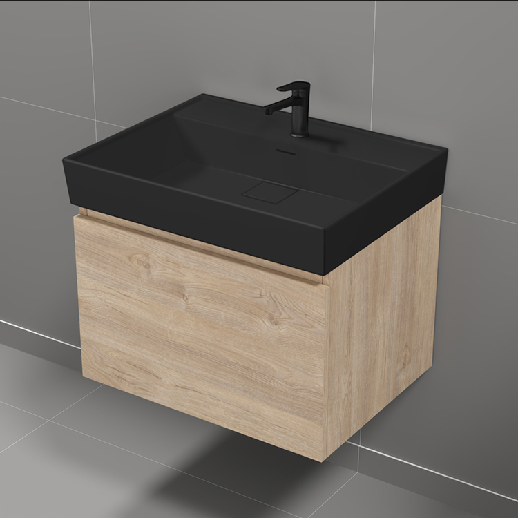 17" Floating Wall Mount Bathroom Vanity With Porcelain Sink - Open Shelf Black Modern Vanity For Small Bathrooms