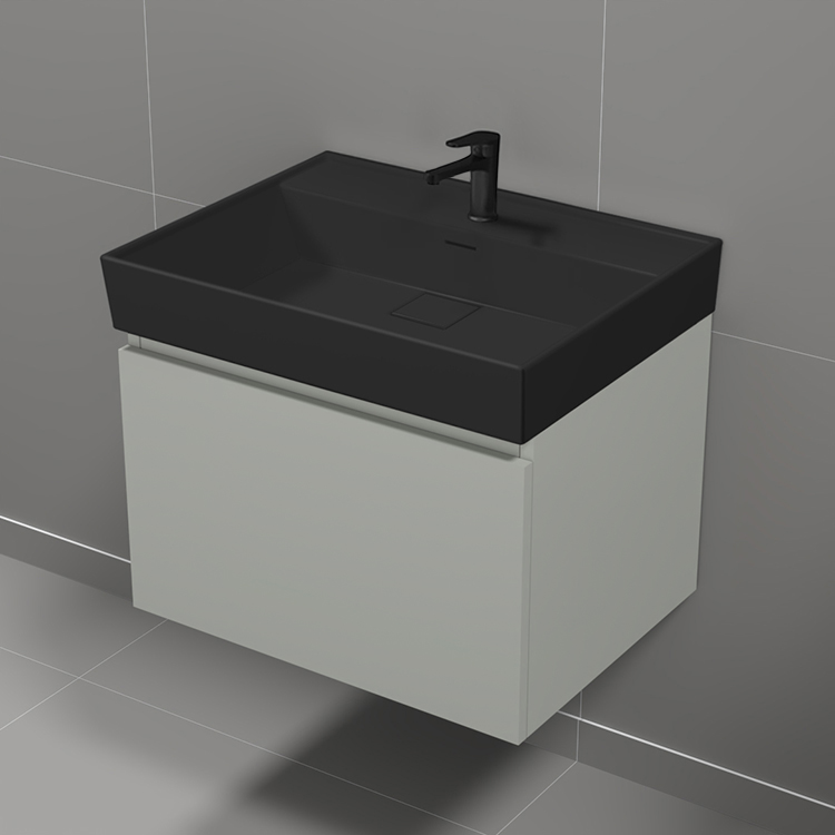 Nameeks SHARP20 Modern Bathroom Vanity With Black Sink, Wall Mounted, 24 Inch, Grey Mist