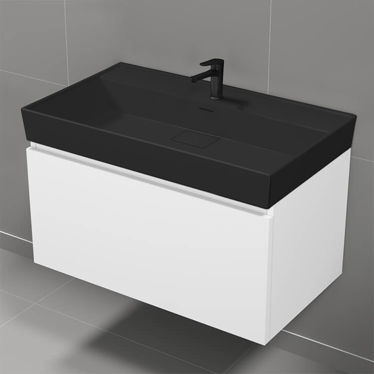 Nameeks SHARP22 Modern Bathroom Vanity With Black Sink, Wall Mount, 32 Inch, Glossy White