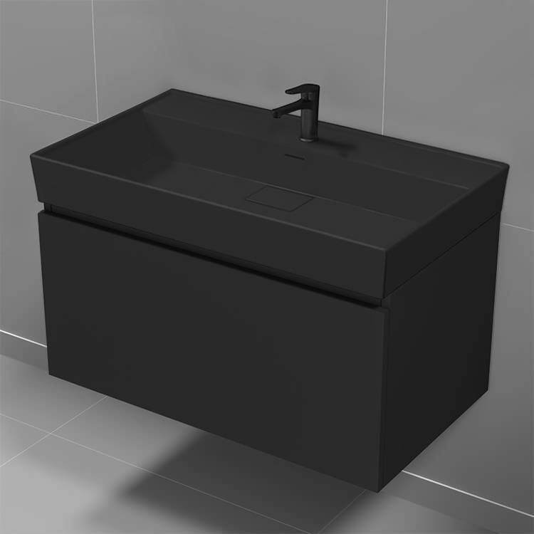 Nameeks SHARP23 Black Bathroom Vanity With Black Sink, Modern, Wall Mount, 32 Inch