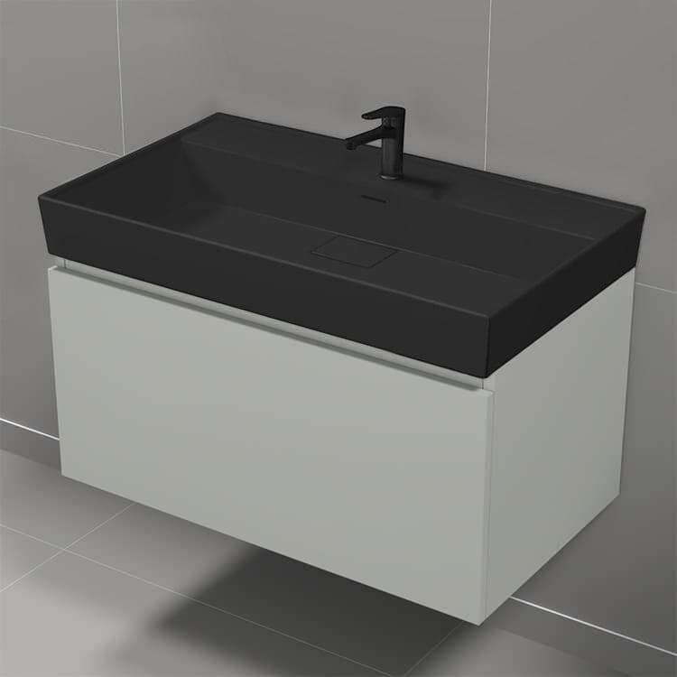 Nameeks SHARP24 32 Inch Bathroom Vanity With Black Sink, Modern, Wall Mounted, Grey Mist