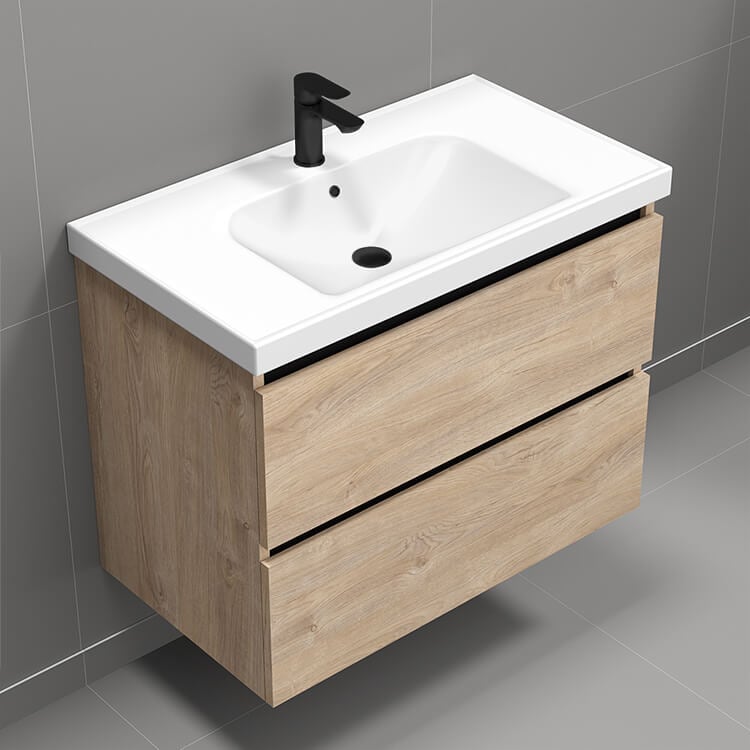 Nameeks SKY10 32 Inch Bathroom Vanity, Wall Mounted, Brown Oak