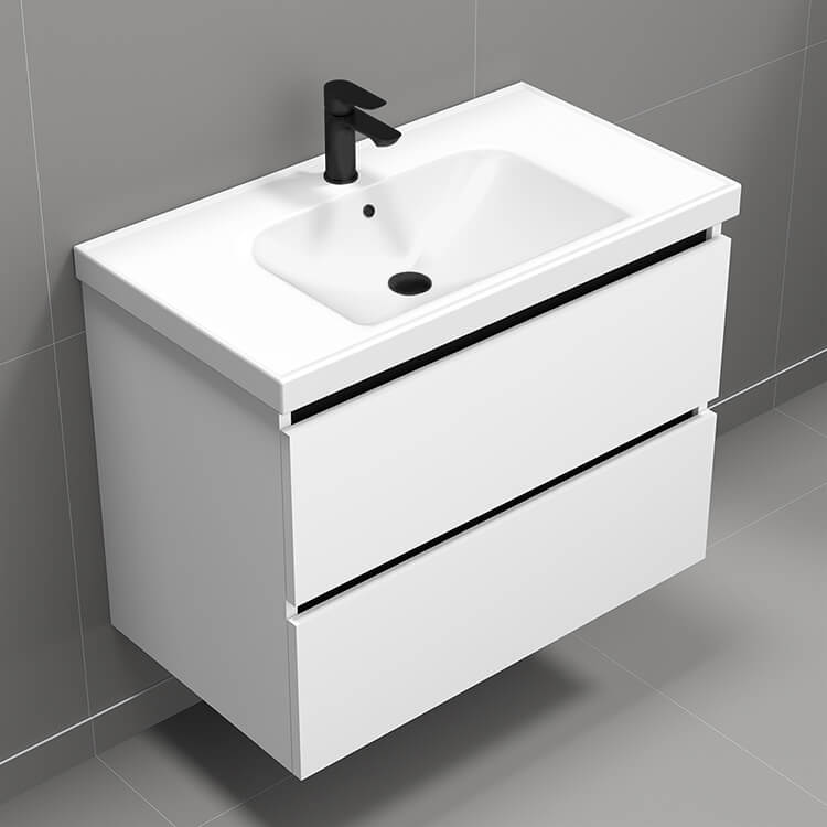 White Ceramic Cabinet Bathroom Sink with Modern Black Cabinet