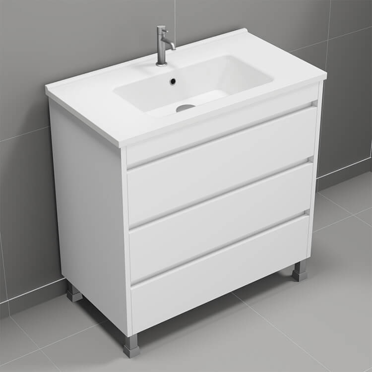 Nameeks SKY14 Floor Standing Bathroom Vanity, Modern, 32 Inch, Glossy White