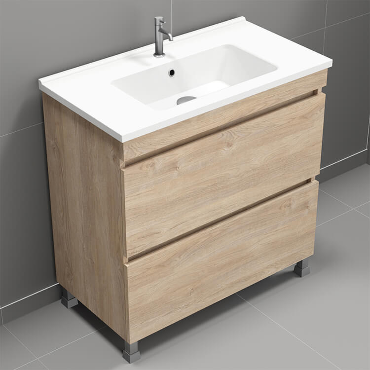 Nameeks SKY15 Free Standing Bathroom Vanity, Modern, 32 Inch, Brown Oak