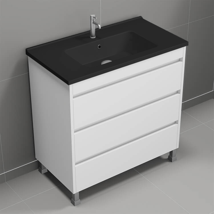 Nameeks SKY26 Floor Standing Bathroom Vanity, Black Sink, Modern, 34 Inch, Glossy White