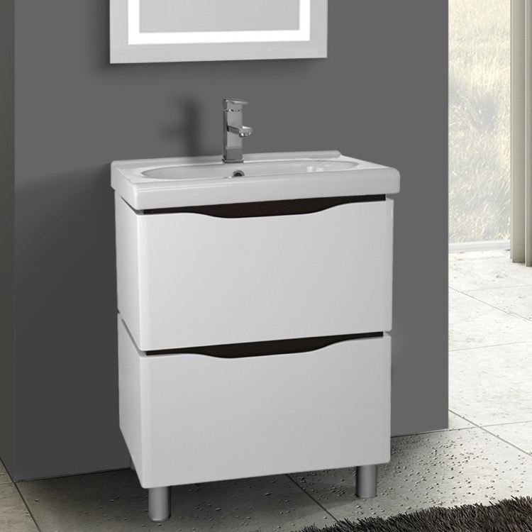 24 inch floor standing white vanity cabinet with fitted sink