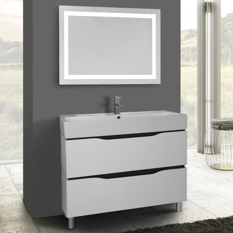 40 Inch White Floor Standing Bathroom Vanity Set Lighted 40 Inch White Floor Standing Bathroom Vanity Set Lighted Mirror Included