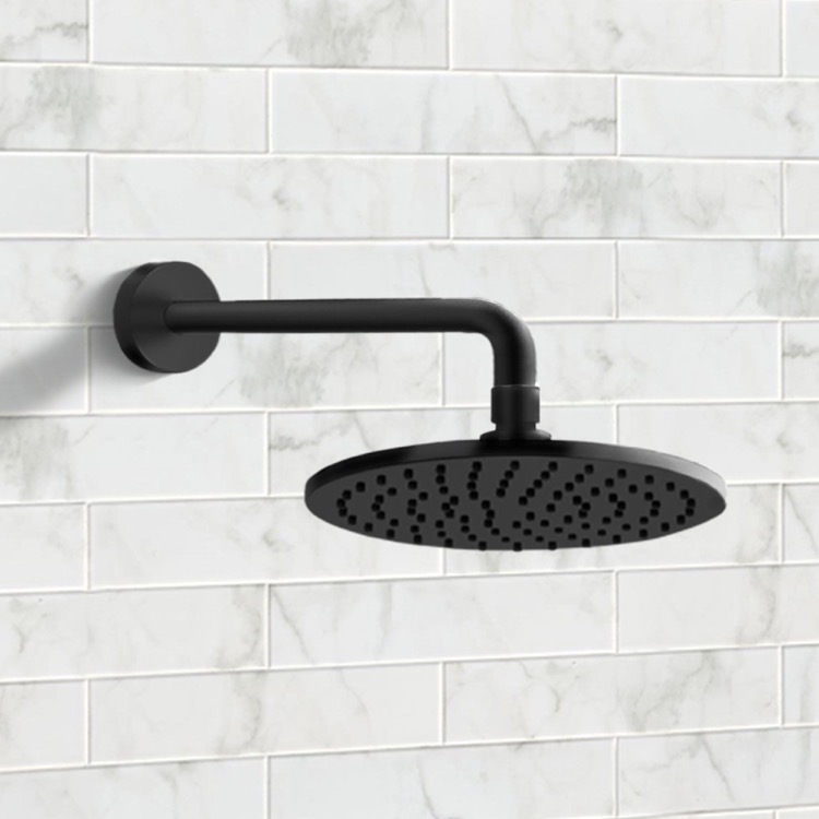 8 inch Wall Mounted Rain Shower Head with Arm, Matte Black, Wellness Remer 359MM20-343-30-NO by Nameeks