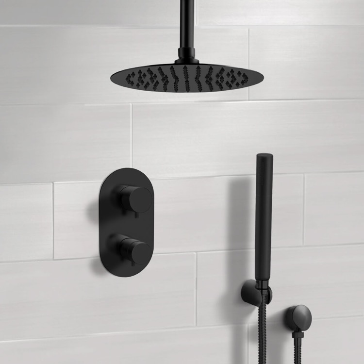Contemporary Shower System Thermostatic Matte Black Solid Brass Rainfall Shower  Head