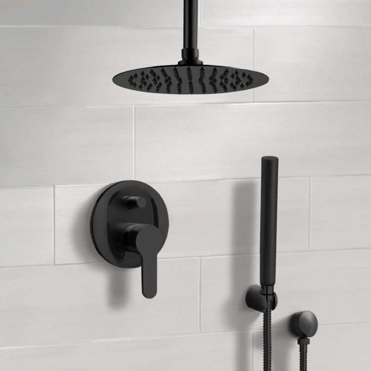 Matte Black Ceiling Shower System With Rain Shower Head And Hand Shower