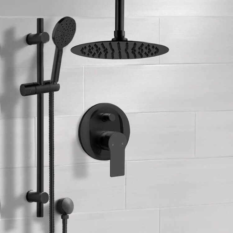 Shower Faucet Matte Black Shower Set With 10 Inch Rain Ceiling Shower Head and Hand Shower Remer SFR95-10