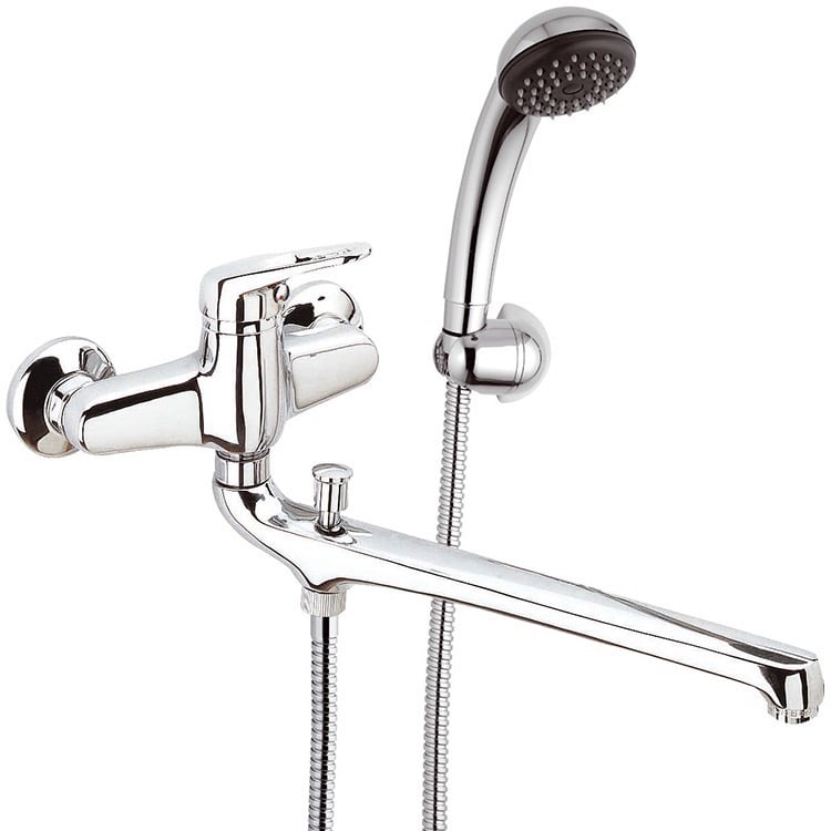 Remer R49 Chrome Wall Mount Tub Faucet with Long Swivel Spout and Hand Shower