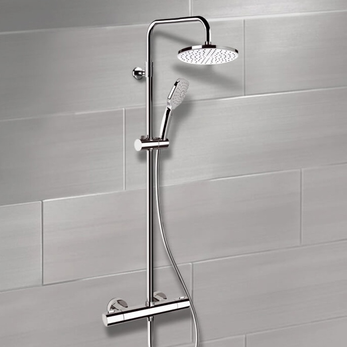 Remer SC501 Chrome Thermostatic Exposed Pipe Shower System with 8 Inch Rain Shower Head and Hand Shower