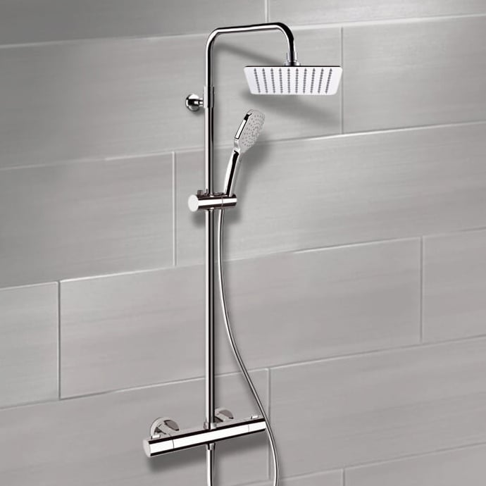 Exposed Pipe Shower Chrome Thermostatic Exposed Pipe Shower System with 8 Inch Rain Shower Head and Hand Shower Remer SC503