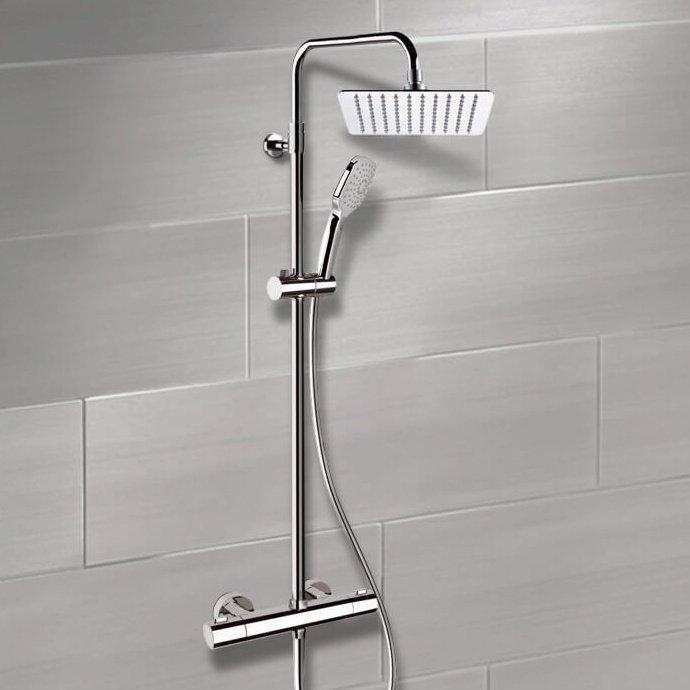 Exposed Pipe Shower, Remer SC504, Chrome Thermostatic Exposed Pipe Shower System with 10 Inch Rain Shower Head and Hand Shower