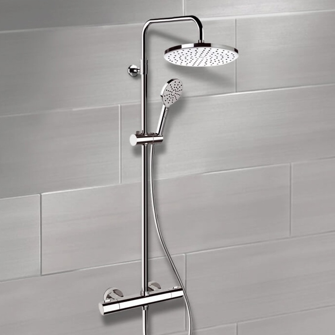 Remer SC509 Chrome Thermostatic Exposed Pipe Shower System with 10 Inch Rain Shower Head and Hand Shower