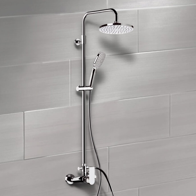 Exposed Pipe Shower, Remer SC515, Chrome Exposed Pipe Shower System with 8 Inch Rain Shower Head and Hand Shower