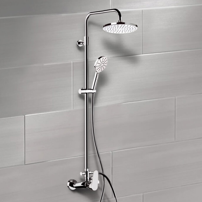 Exposed Pipe Shower, Remer SC530, Chrome Exposed Pipe Shower System with 8 Inch Rain Shower Head and Hand Shower