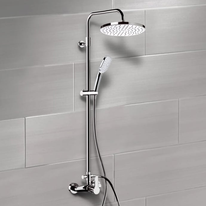 Exposed Pipe Shower, Remer SC537, Chrome Exposed Pipe Shower System with 10 Inch Rain Shower Head and Hand Shower