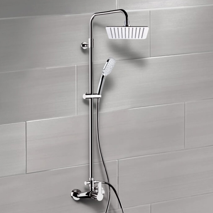 Exposed Pipe Shower, Remer SC538, Chrome Exposed Pipe Shower System with 8 Inch Rain Shower Head and Hand Shower