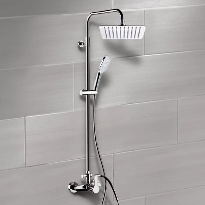 Exposed Pipe Shower, Remer SC539, Chrome Exposed Pipe Shower System with 10 Inch Rain Shower Head and Hand Shower