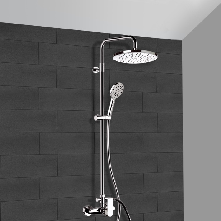 Chrome Exposed Pipe Shower System With 10 Rain Head And Hand
