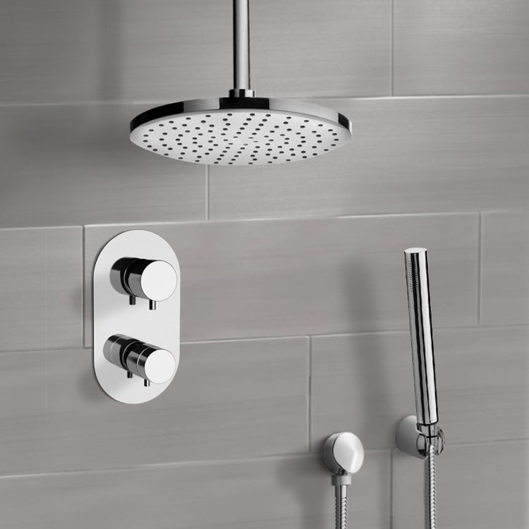 Chrome Thermostatic Shower System With 8 Rain Ceiling Shower Head And Hand Shower