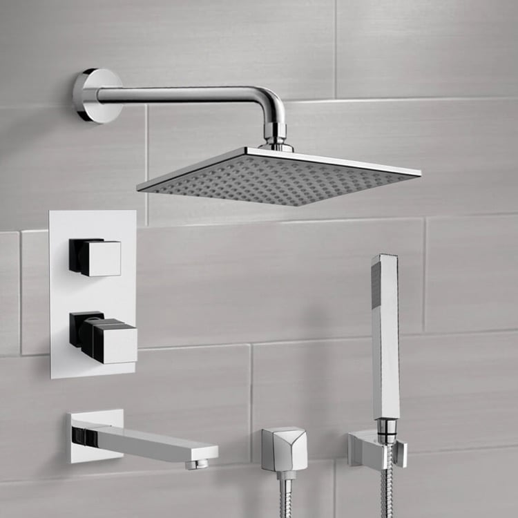 Remer TSH07 Chrome Thermostatic Tub and Shower System with 8 Inch Rain Shower Head and Hand Shower