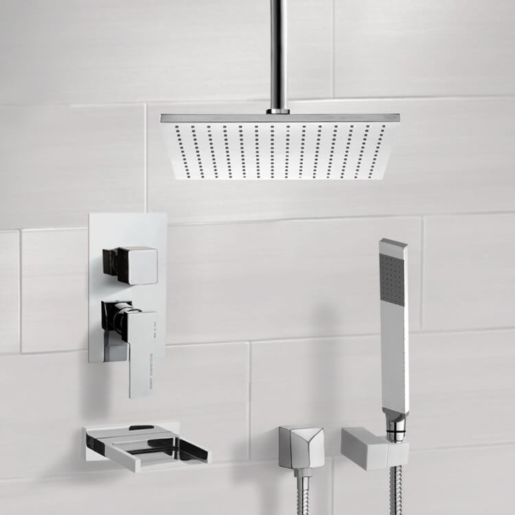 Chrome Tub And Shower System With Ceiling 12 Rain Shower Head And Hand Shower