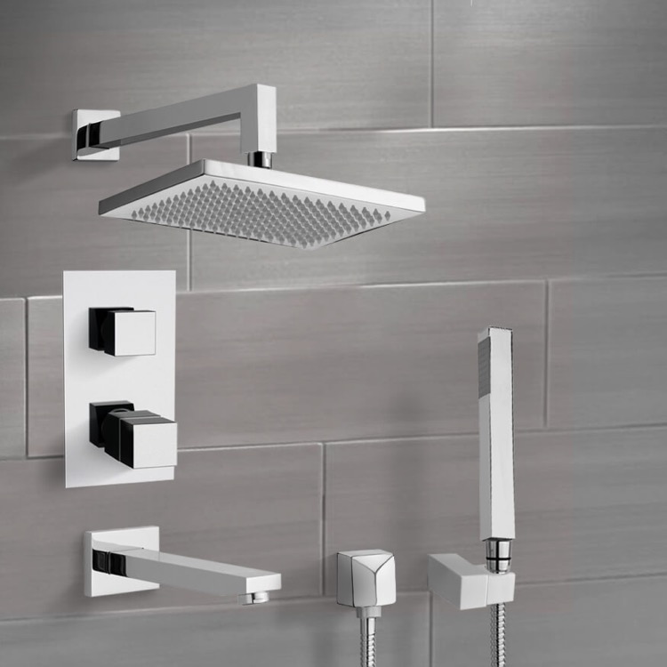 Remer TSH4402 Chrome Thermostatic Tub and Shower System with 9.5 Inch Rain Shower Head and Hand Shower