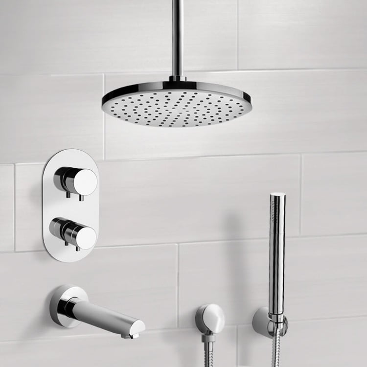 Remer TSH4405-8 Chrome Thermostatic Tub and Shower System with 8 Inch Rain Ceiling Shower Head and Hand Shower