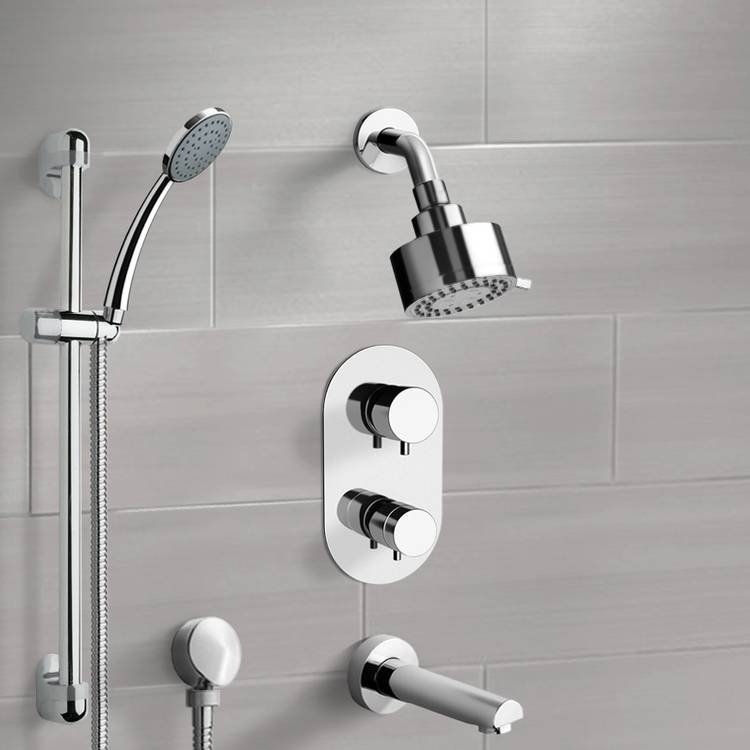 Galiano Chrome Thermostatic Tub, Bathtub Spout With Handheld Shower Diverter System
