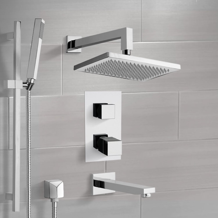 Remer TSR9402 Chrome Thermostatic Tub and Shower System with 9.5 Inch Rain Shower Head and Hand Shower
