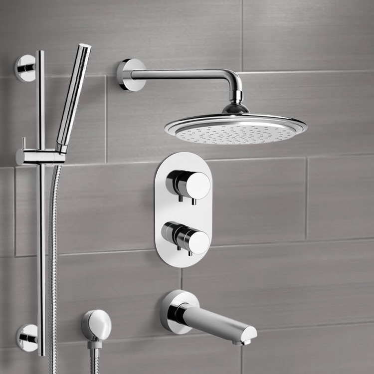 Remer TSR9407 Chrome Thermostatic Tub and Shower System with 9 Inch Rain Shower Head and Hand Shower