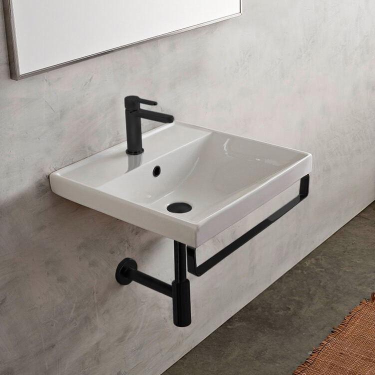 Scarabeo 3004-TB-BLK-One Hole Rectangular Wall Mounted Ceramic Sink With Matte Black Towel Bar