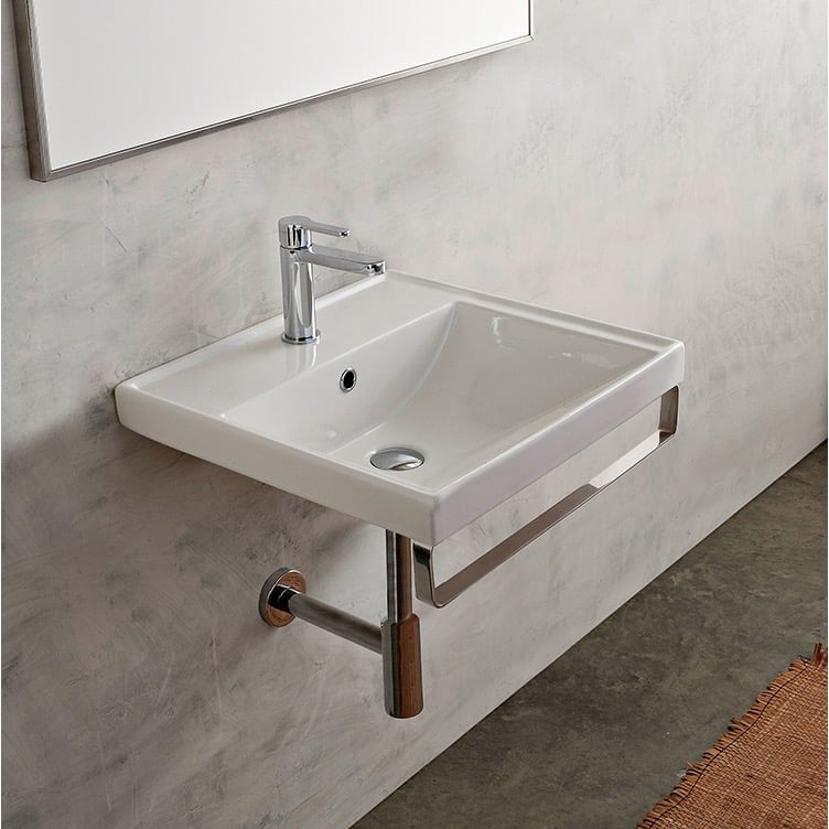 Scarabeo 3004-TB-One Hole Rectangular Wall Mounted Ceramic Sink With Polished Chrome Towel Bar