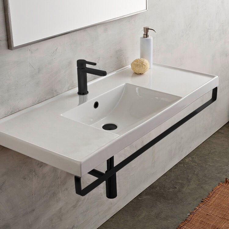 Scarabeo 3007-TB-BLK-One Hole Rectangular Wall Mounted Ceramic Sink With Matte Black Towel Bar