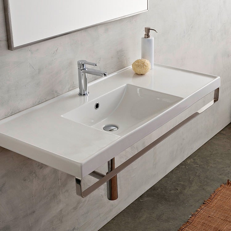 Rectangular Wall Mounted Ceramic Sink With Polished Chrome Towel Bar