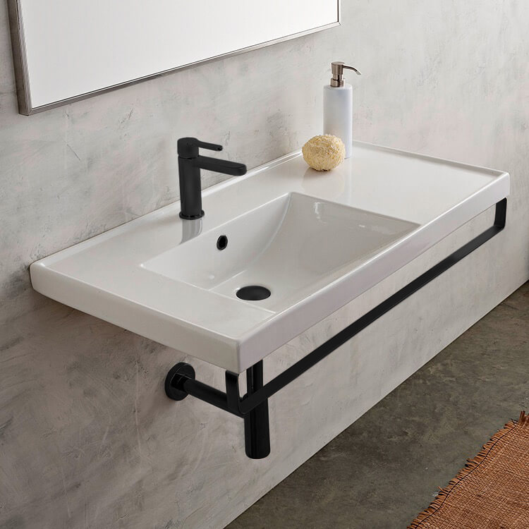 Scarabeo 3008-TB-BLK-One Hole Rectangular Wall Mounted Ceramic Sink With Matte Black Towel Bar