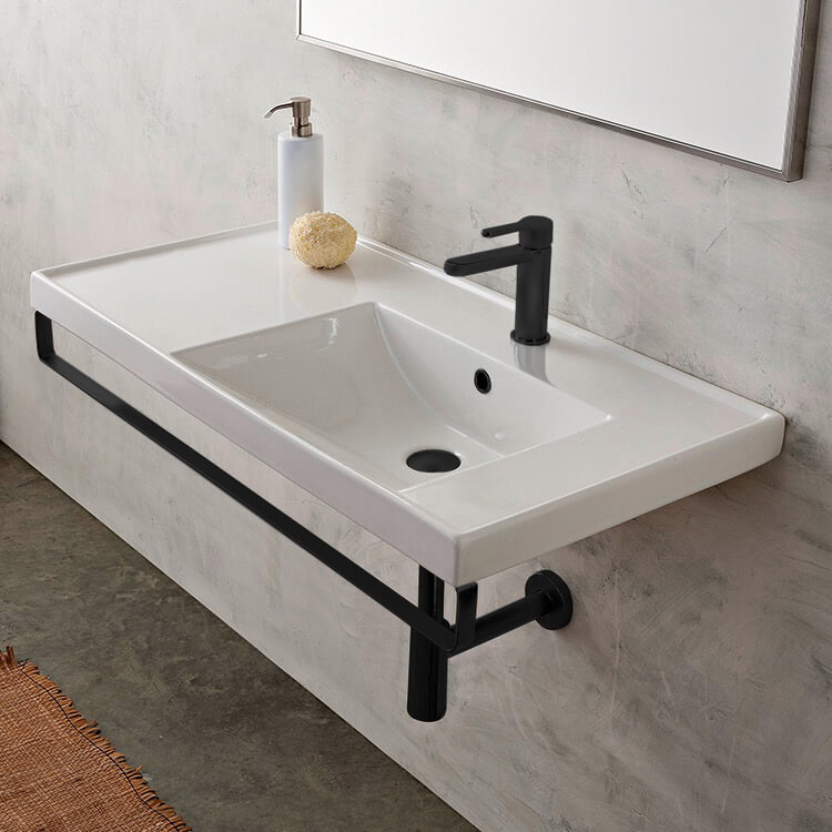 Scarabeo 3009-TB-BLK-One Hole Rectangular Wall Mounted Ceramic Sink With Matte Black Towel Bar