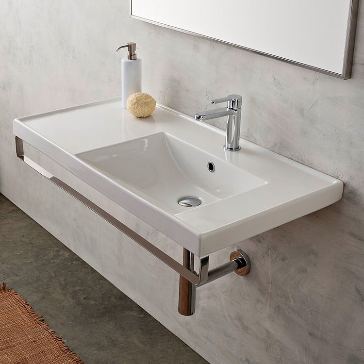 Scarabeo 3009-TB Rectangular Wall Mounted Ceramic Sink With Polished Chrome Towel Bar