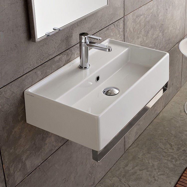Scarabeo 5001-TB-One Hole Rectangular Wall Mounted Ceramic Sink With Polished Chrome Towel Bar