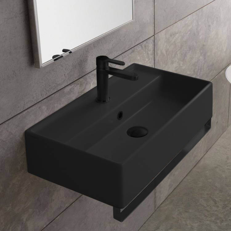 Scarabeo 5002-49-TB-BLK-One Hole Matte Black Ceramic Wall Mounted Sink With Matte Black Towel Bar