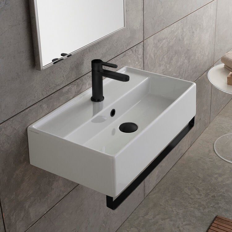 Bathroom Sink, Scarabeo 5002-TB-BLK-One Hole, Rectangular Wall Mounted Ceramic Sink With Matte Black Towel Bar