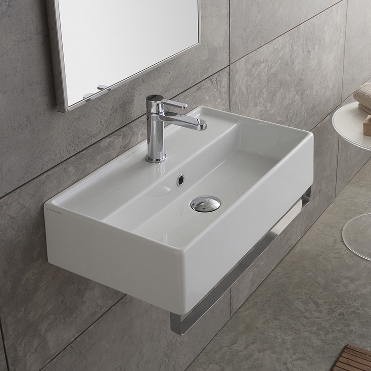 Scarabeo 5002-TB-One Hole Rectangular Wall Mounted Ceramic Sink With Polished Chrome Towel Bar