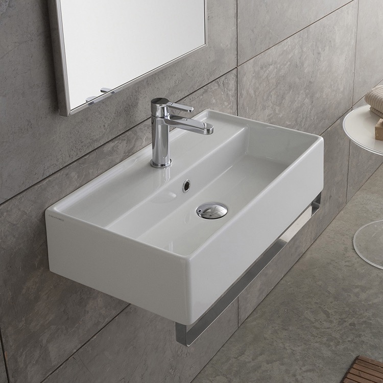 Bathroom Sink, Scarabeo 5003-TB-One Hole, Rectangular Wall Mounted Ceramic Sink With Polished Chrome Towel Bar
