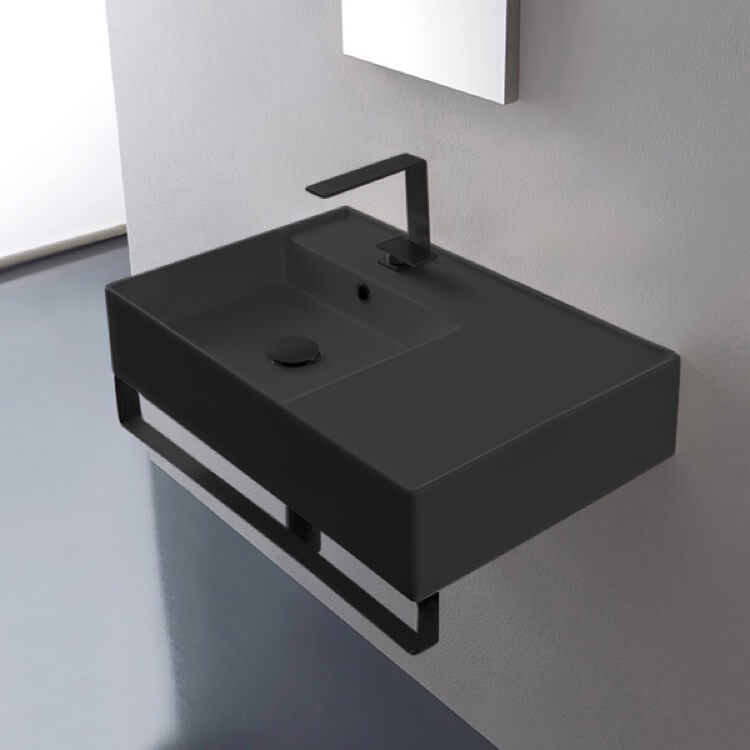 Scarabeo 5114-49-TB-BLK-One Hole Matte Black Ceramic Wall Mounted Sink With Matte Black Towel Bar